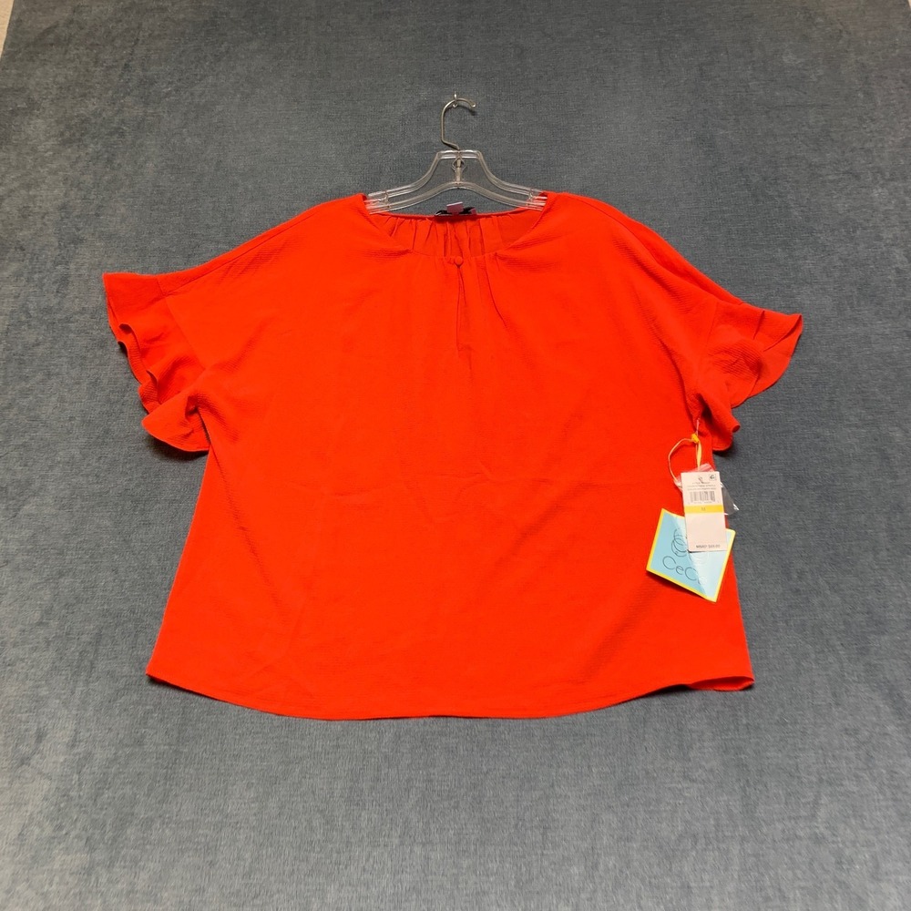 CeCe Blouse Top Womens Medium Red Drop Shoulder Short Sleeve Wide Scoop Neck